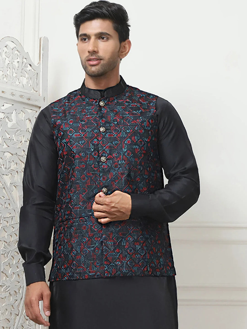 Embroidered Silk Blend Nehru Jacket-JOWC-4103Navy