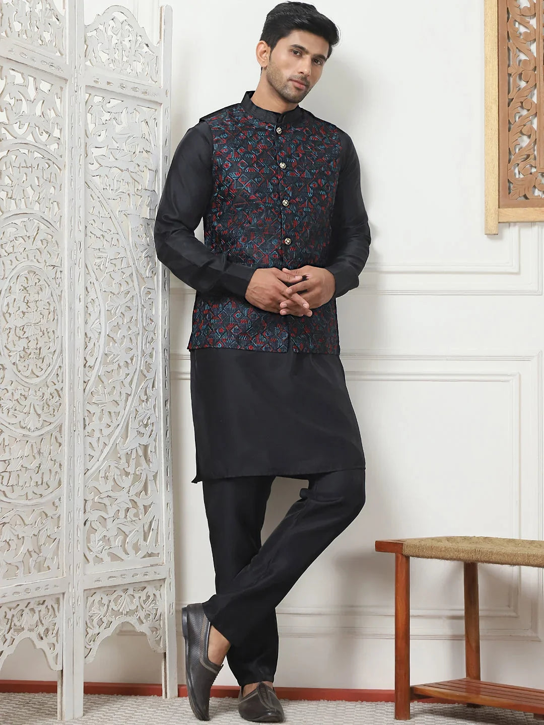 Embroidered Silk Blend Nehru Jacket-JOWC-4103Navy