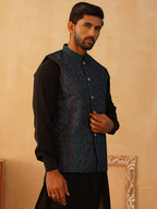 Embroidered Silk Blend Nehru Jacket-JOWC-4103Teal
