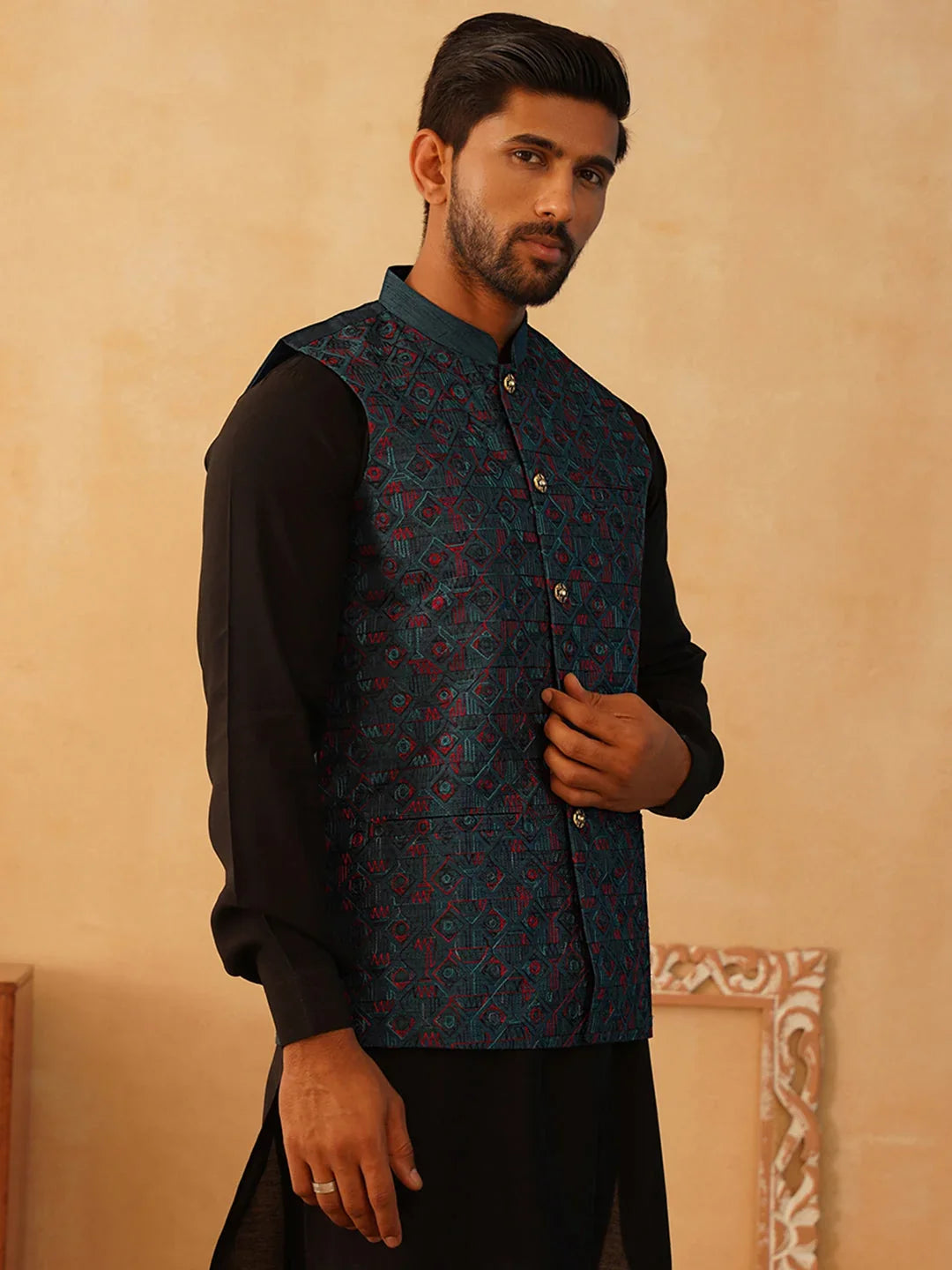 Embroidered Silk Blend Nehru Jacket-JOWC-4103Teal