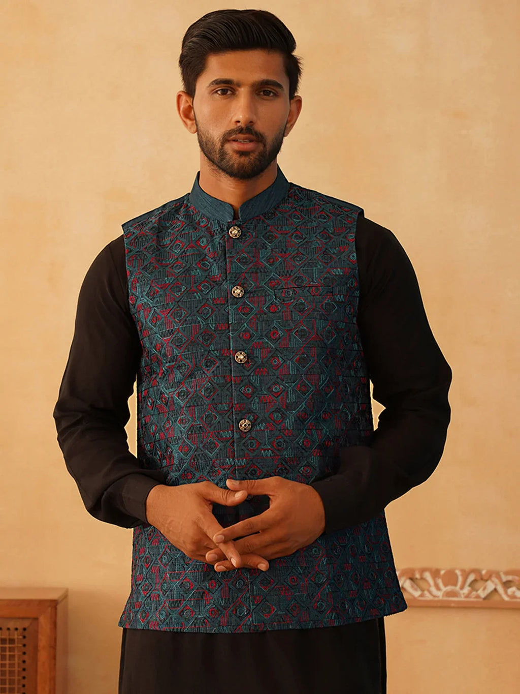 Embroidered Silk Blend Nehru Jacket-JOWC-4103Teal