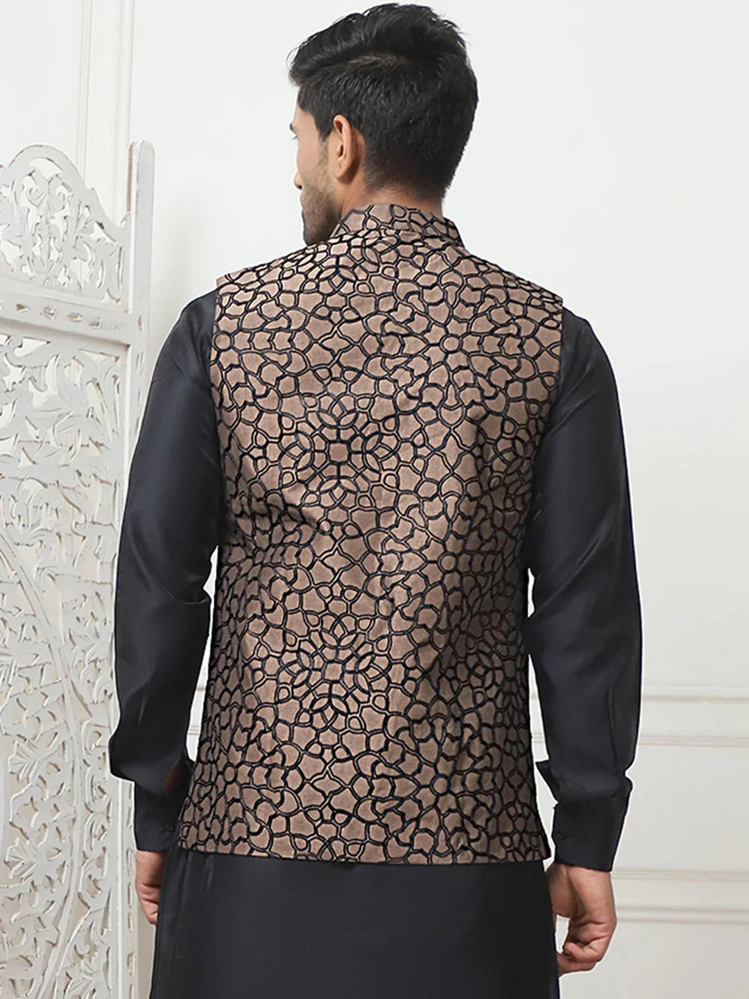 Embroidered Silk Blend Nehru Jacket-JOWC-4106Brown