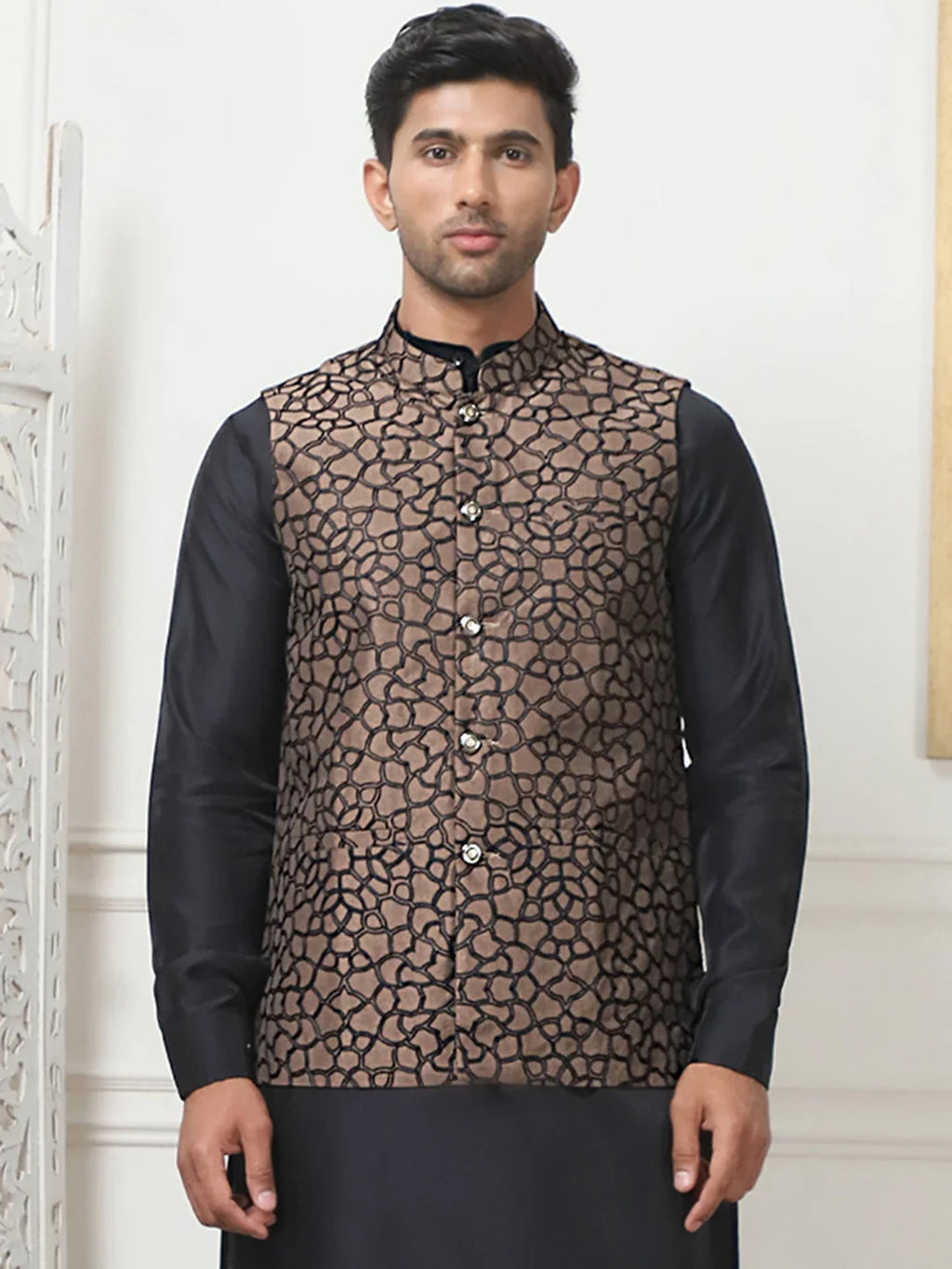 Embroidered Silk Blend Nehru Jacket-JOWC-4106Brown