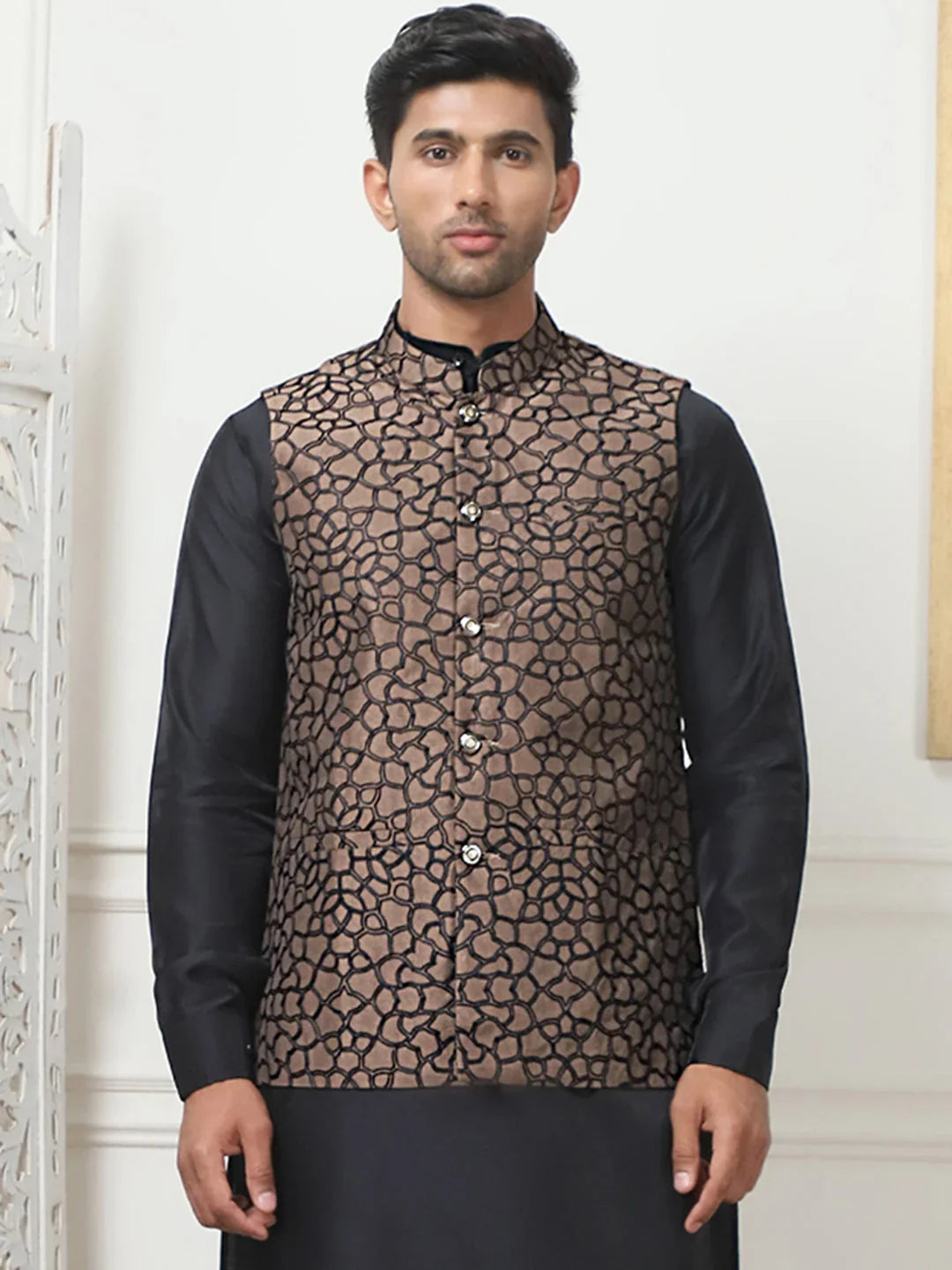 Embroidered Silk Blend Nehru Jacket-JOWC-4106Brown