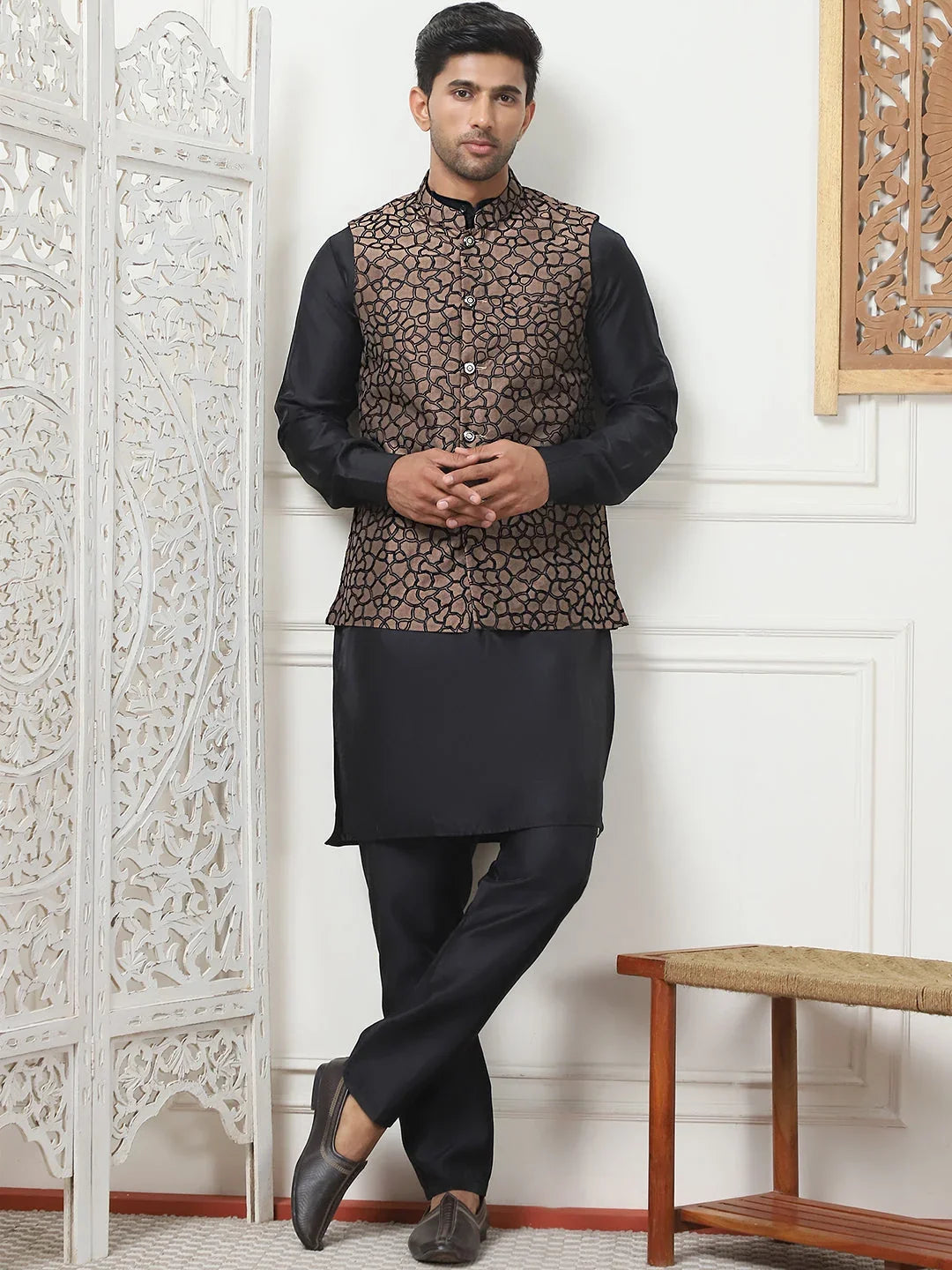 Embroidered Silk Blend Nehru Jacket-JOWC-4106Brown