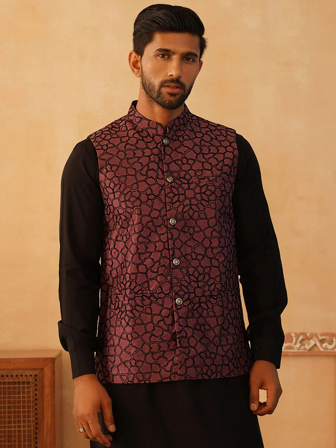 Embroidered Silk Blend Nehru Jacket-JOWC-4106Coral