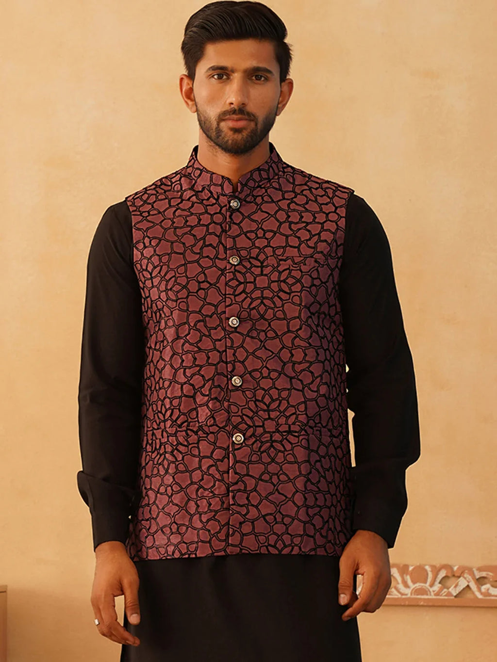 Embroidered Silk Blend Nehru Jacket-JOWC-4106Coral