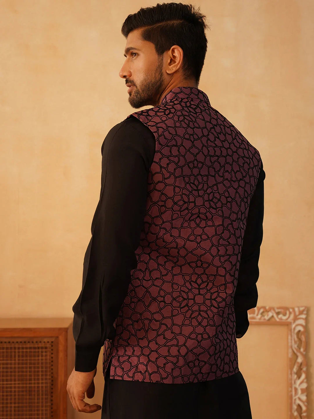 Embroidered Silk Blend Nehru Jacket-JOWC-4106Coral
