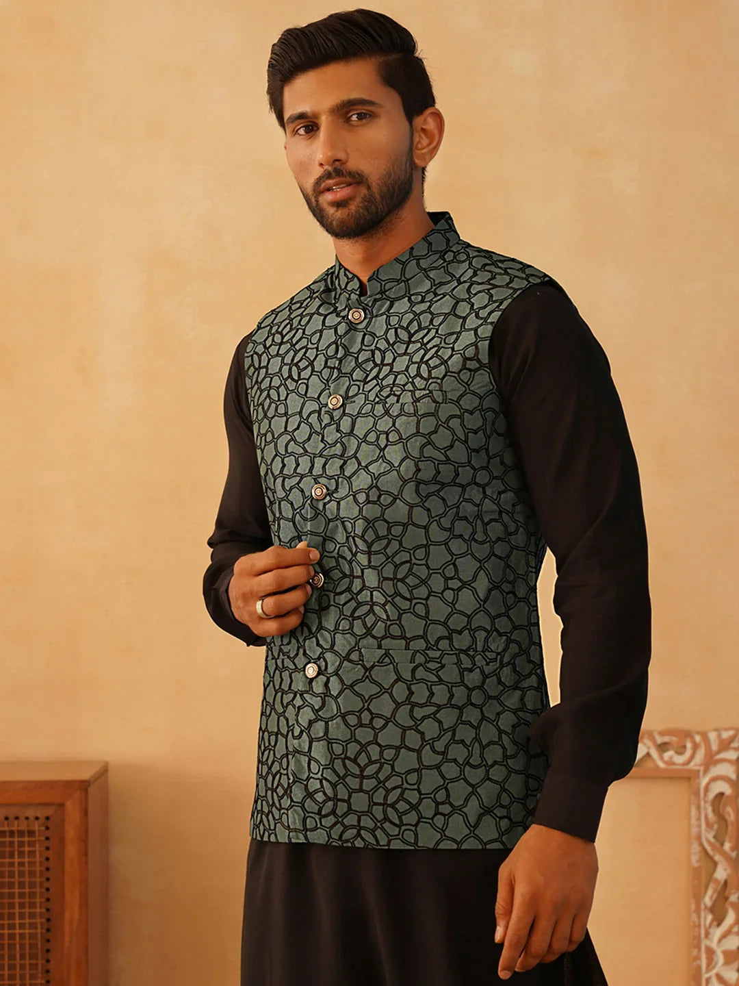 Embroidered Silk Blend Nehru Jacket-JOWC-4106Teal