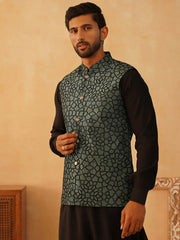 Embroidered Silk Blend Nehru Jacket-JOWC-4106Teal