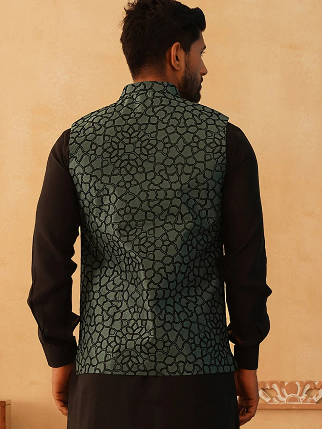 Embroidered Silk Blend Nehru Jacket-JOWC-4106Teal