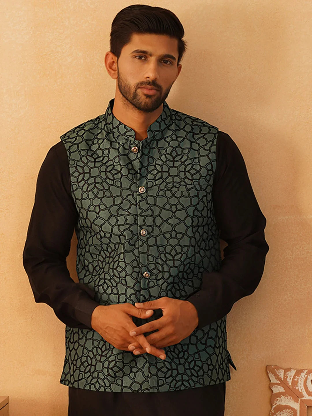 Embroidered Silk Blend Nehru Jacket-JOWC-4106Teal