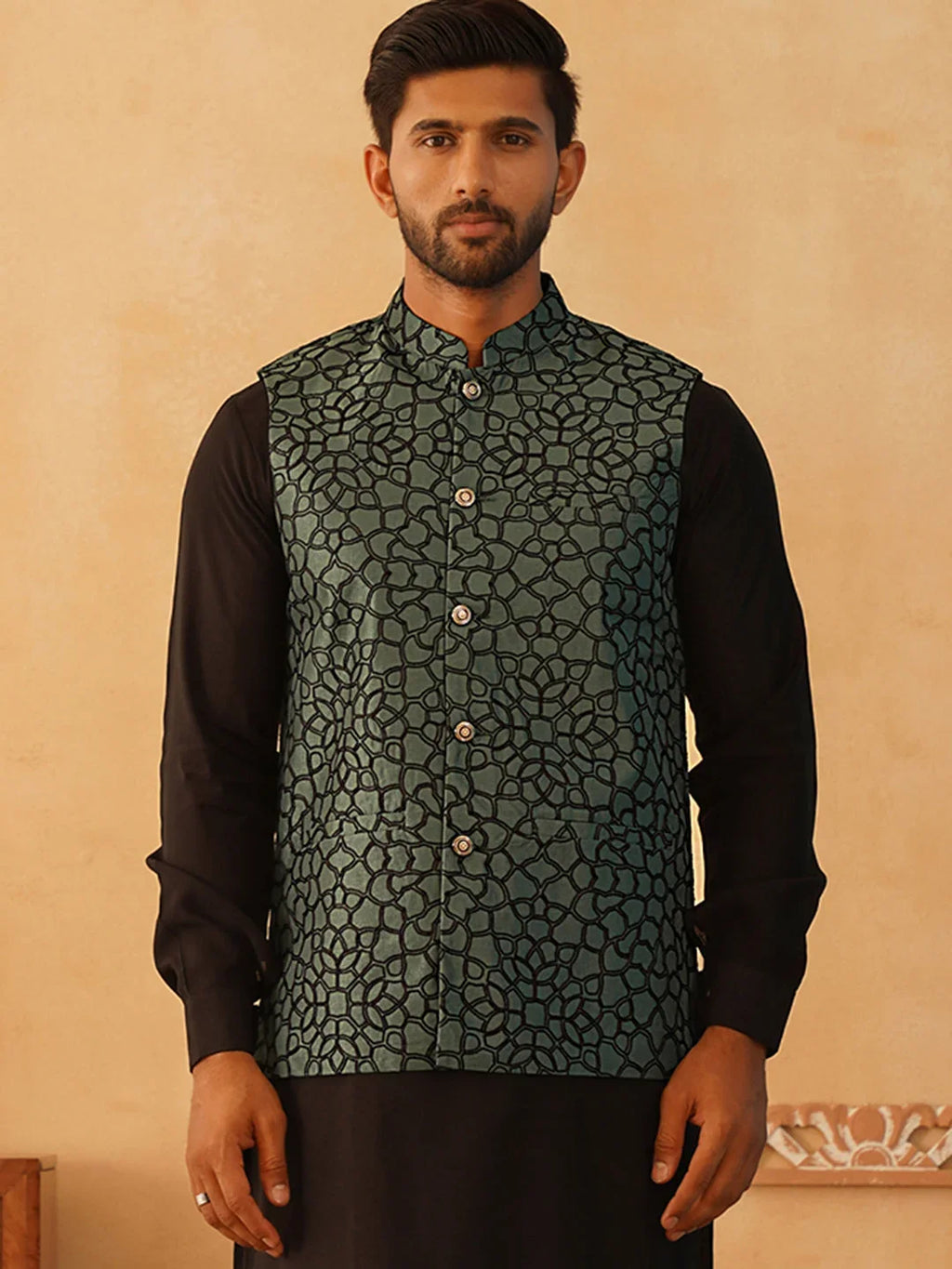 Embroidered Silk Blend Nehru Jacket-JOWC-4106Teal