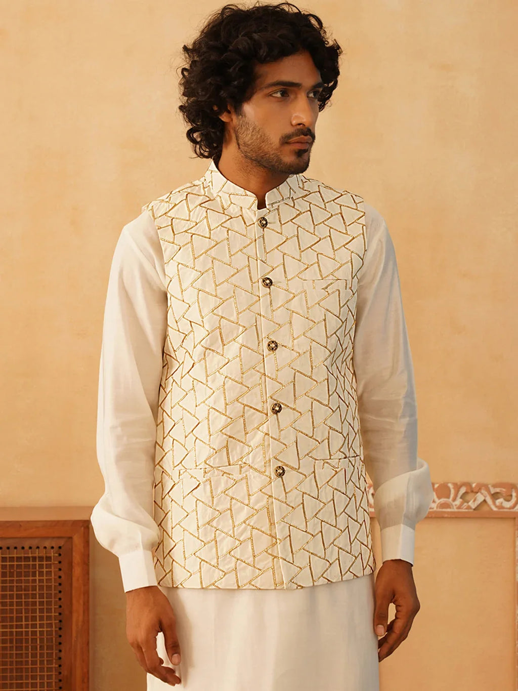 Embroidered Silk Blend Nehru Jacket-JOWC-4109Cream