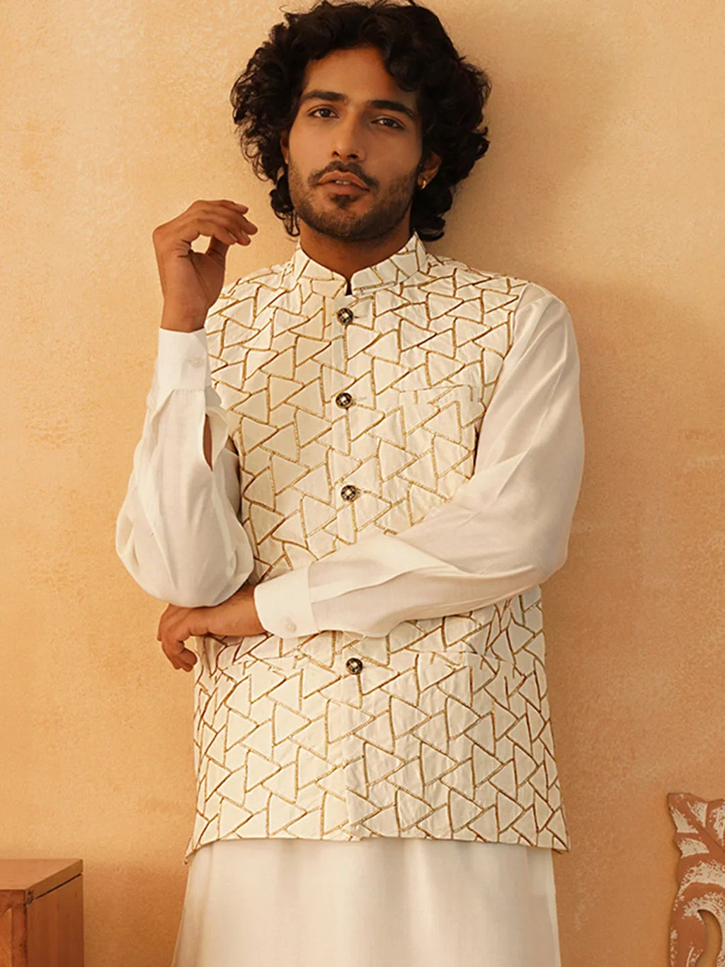 Embroidered Silk Blend Nehru Jacket-JOWC-4109Cream
