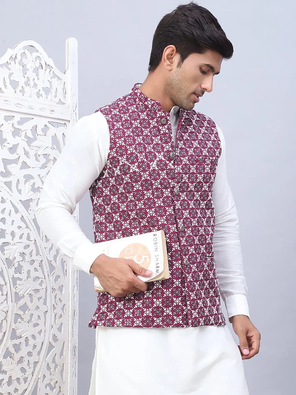 Embroidered Viscose Rayon Nehru Jacket-JOWC-4110Purple
