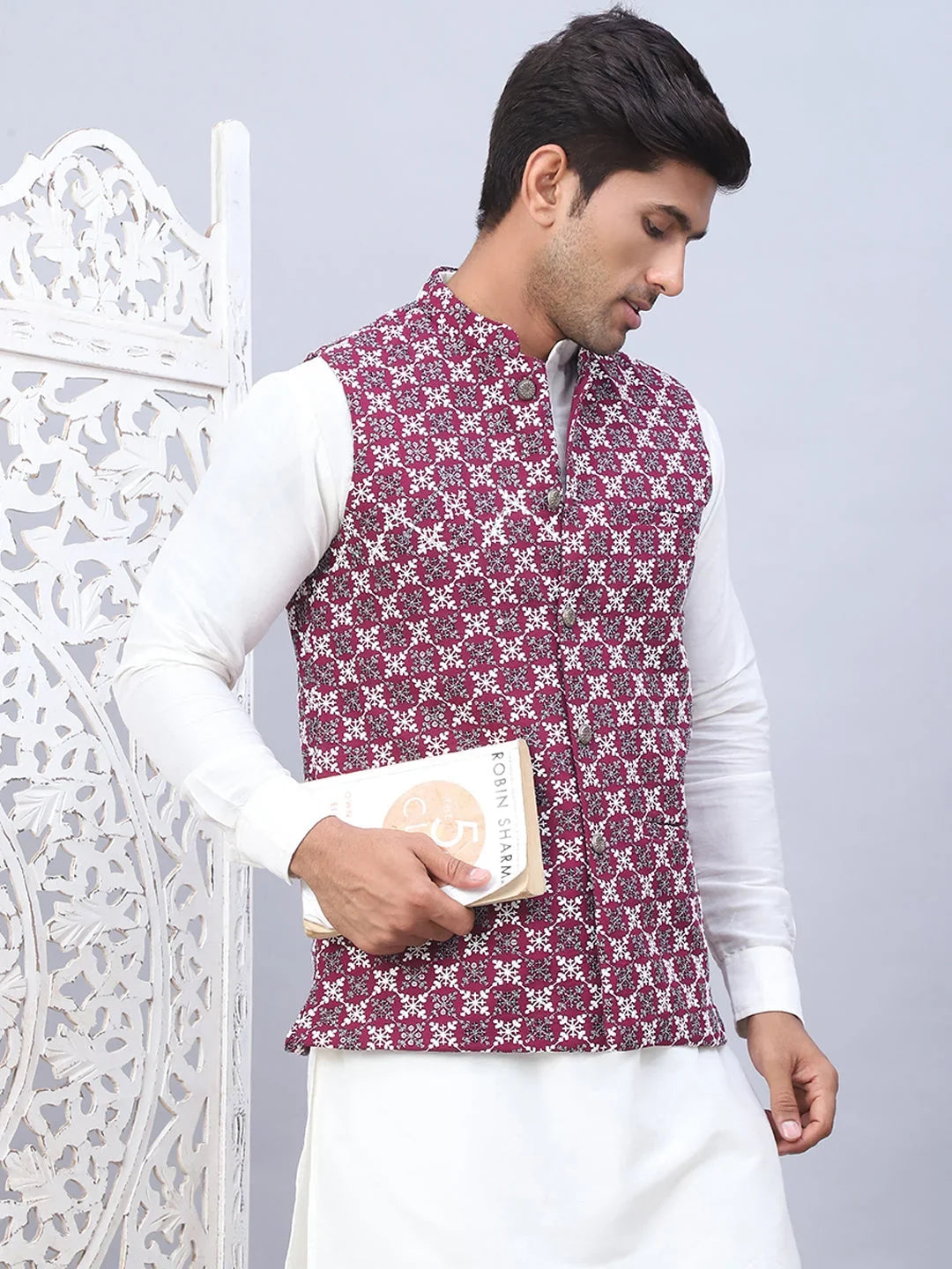 Embroidered Viscose Rayon Nehru Jacket-JOWC-4110Purple