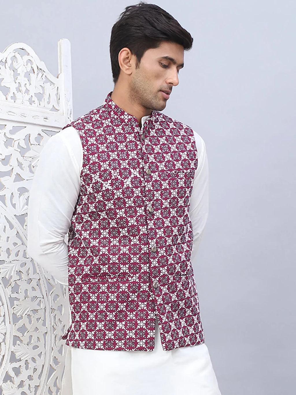 Embroidered Viscose Rayon Nehru Jacket-JOWC-4110Purple