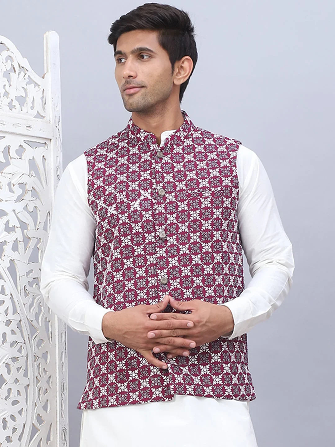 Embroidered Viscose Rayon Nehru Jacket-JOWC-4110Purple