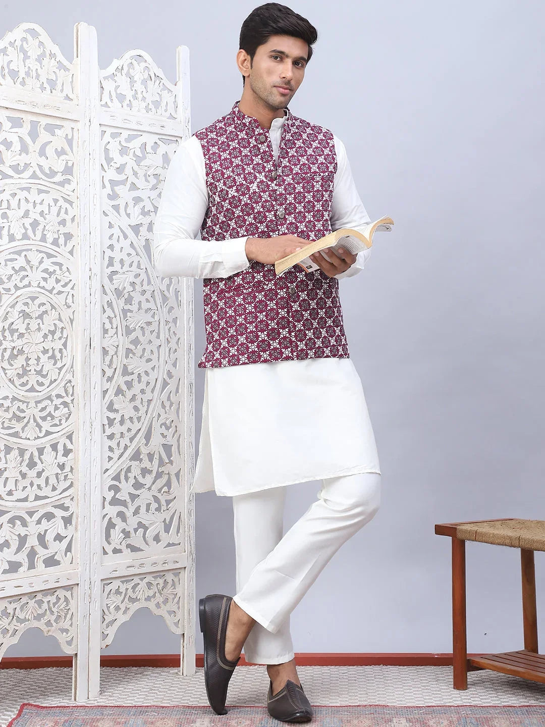 Embroidered Viscose Rayon Nehru Jacket-JOWC-4110Purple