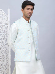 Embossed Silk Blend Nehru Jacket-JOWC-4112Sky