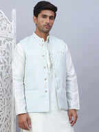Embossed Silk Blend Nehru Jacket-JOWC-4112Sky
