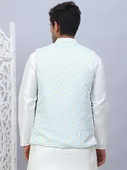 Embossed Silk Blend Nehru Jacket-JOWC-4112Sky