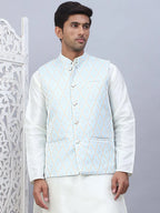 Embossed Silk Blend Nehru Jacket-JOWC-4112Sky
