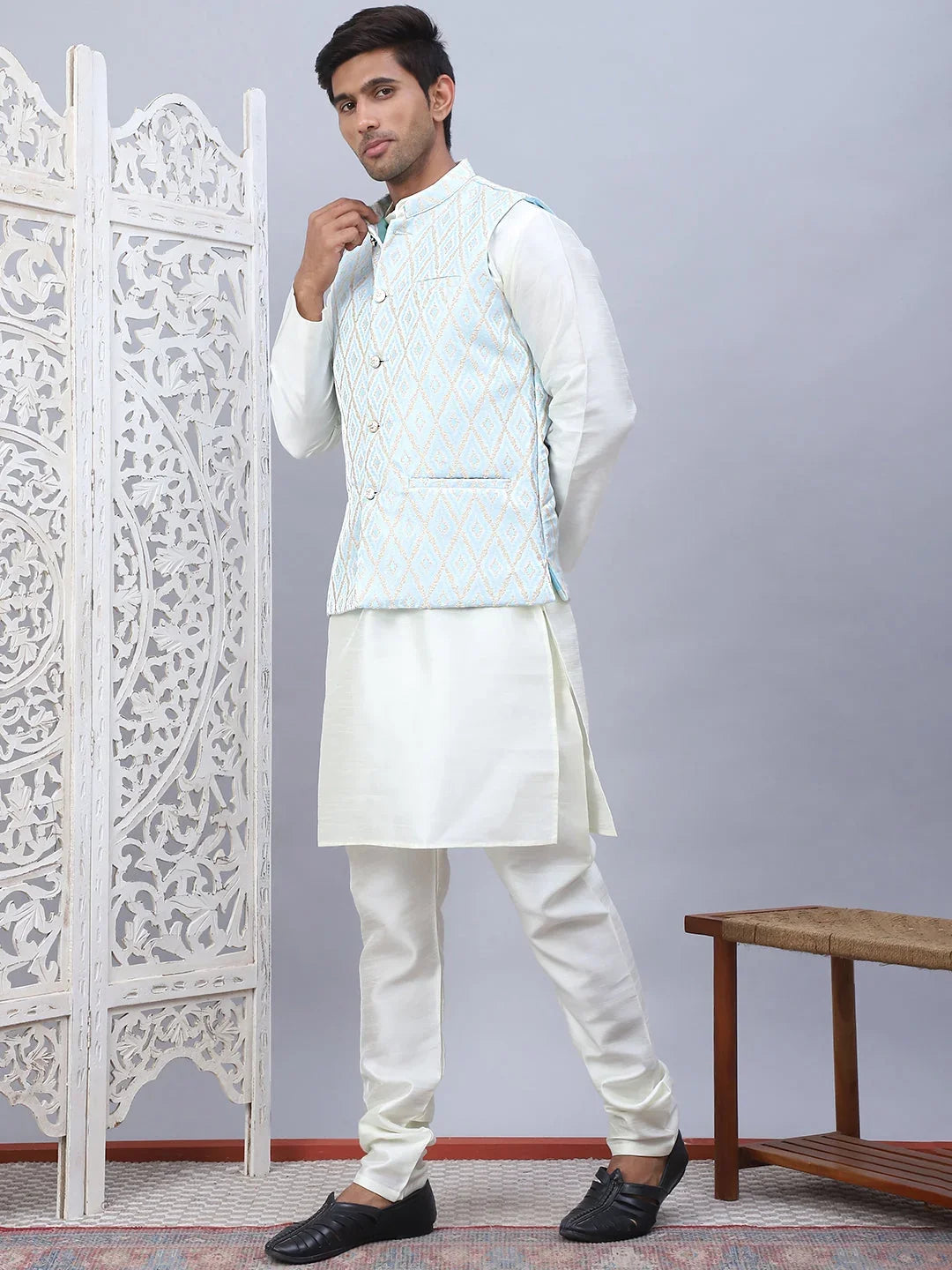 Embossed Silk Blend Nehru Jacket-JOWC-4112Sky
