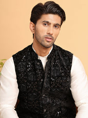 Black Embroidered Nehru Jacket  for Men ( JOWC 4118Black )