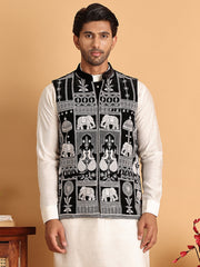 Black Embroidered Velvet Nehru Jacket for Men ( JOWC 4119Black )