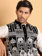 Black Embroidered Velvet Nehru Jacket for Men ( JOWC 4119Black )