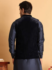 Navy Blue Embroidered Velvet Nehru Jacket for Men ( JOWC 4119Navy )