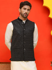 Black Embroidered Velvet Nehru Jacket for Men ( JOWC 4126 Black )