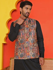 Printed & Sequins Velvet Nehru Jacket for Men ( JOWC 4132 Orange )