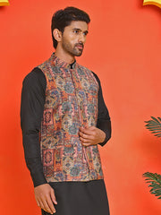 Printed & Sequins Velvet Nehru Jacket for Men ( JOWC 4132 Orange )