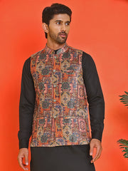 Printed & Sequins Velvet Nehru Jacket for Men ( JOWC 4132 Orange )