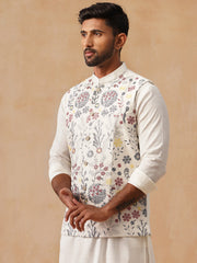 Floral Embroidered Silk Blend Nehru Jacket ( JOWC 4136 White )