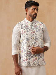 Floral Embroidered Silk Blend Nehru Jacket ( JOWC 4136 White )