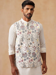 Floral Embroidered Silk Blend Nehru Jacket ( JOWC 4136 White )