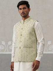 Geometric Weave Embroidered Nehru Jacket ( JOWC 4138 Pista )