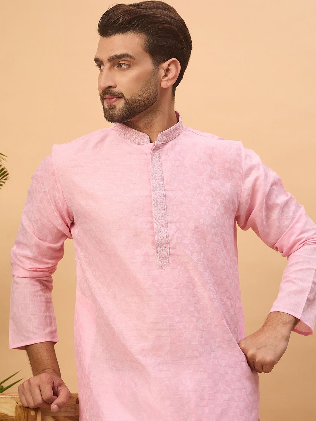 Men Pink Silk Blend Solid Embroidered Straight Kurta With Pant Set-MKSET1454