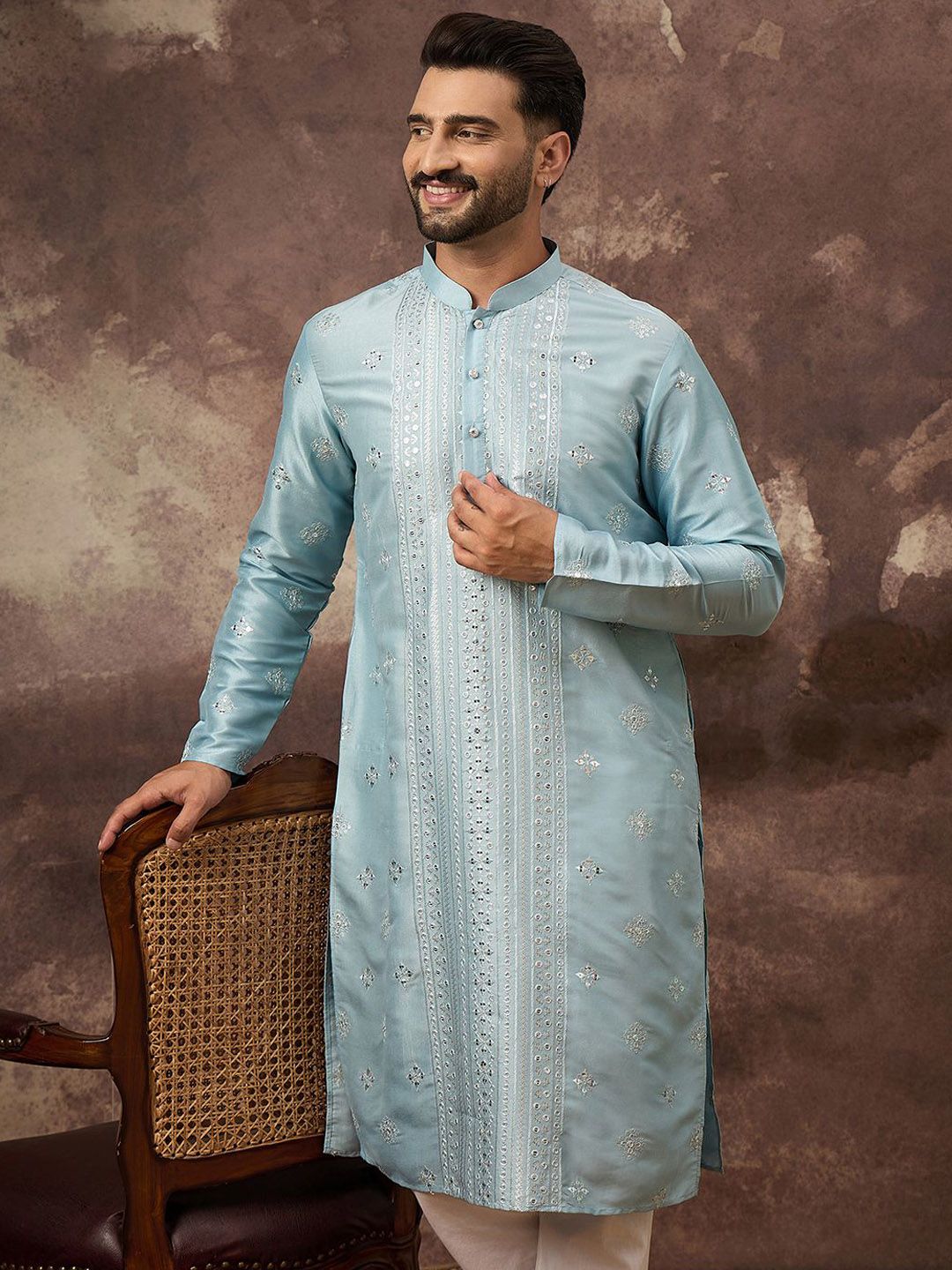 Men Blue Silk Blend Solid Embroidered Straight Kurta With Pant Set-MKSET1365