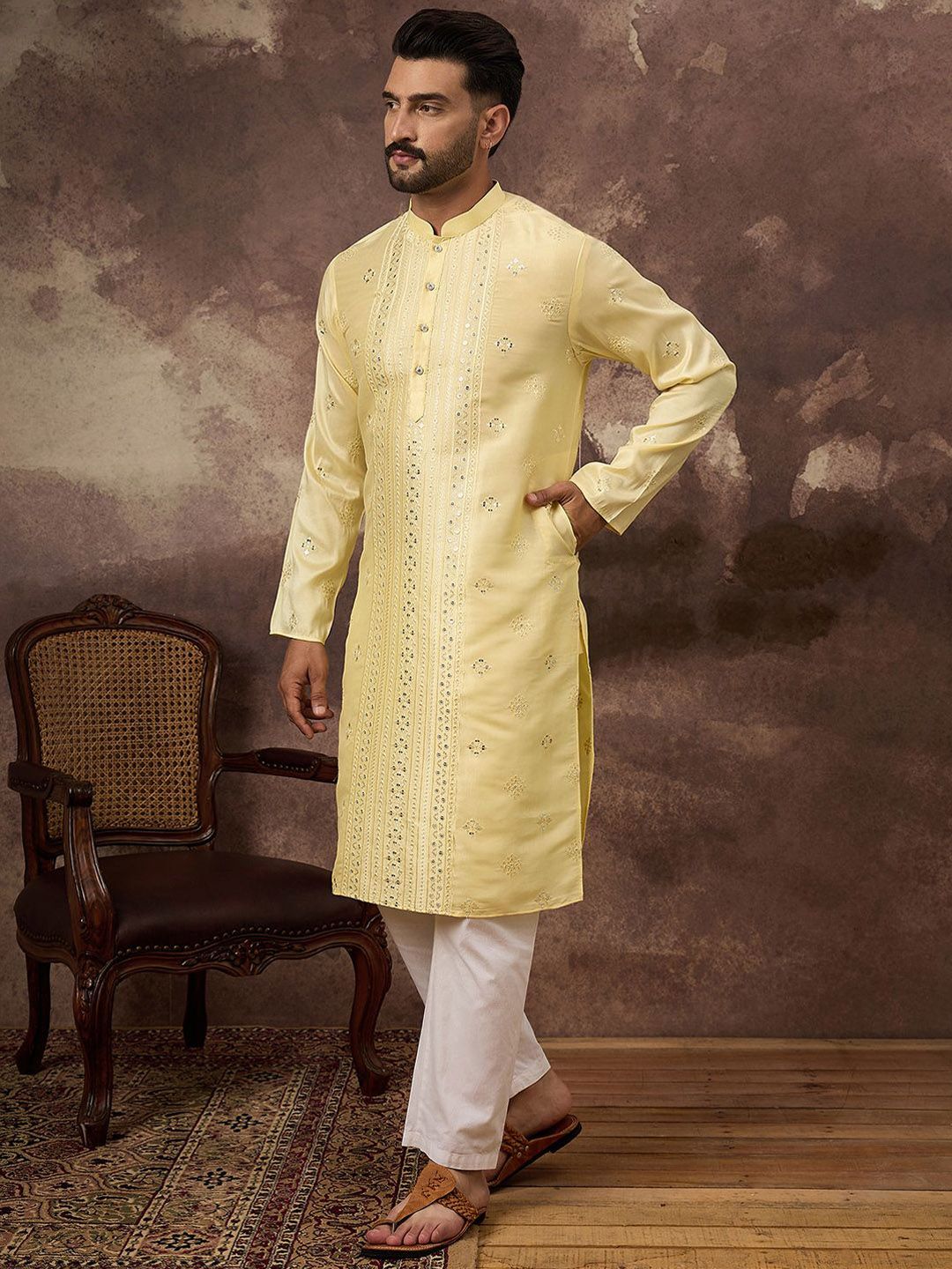 Men Yellow Silk Blend Solid Embroidered Straight Kurta With Pant Set-MKSET1364