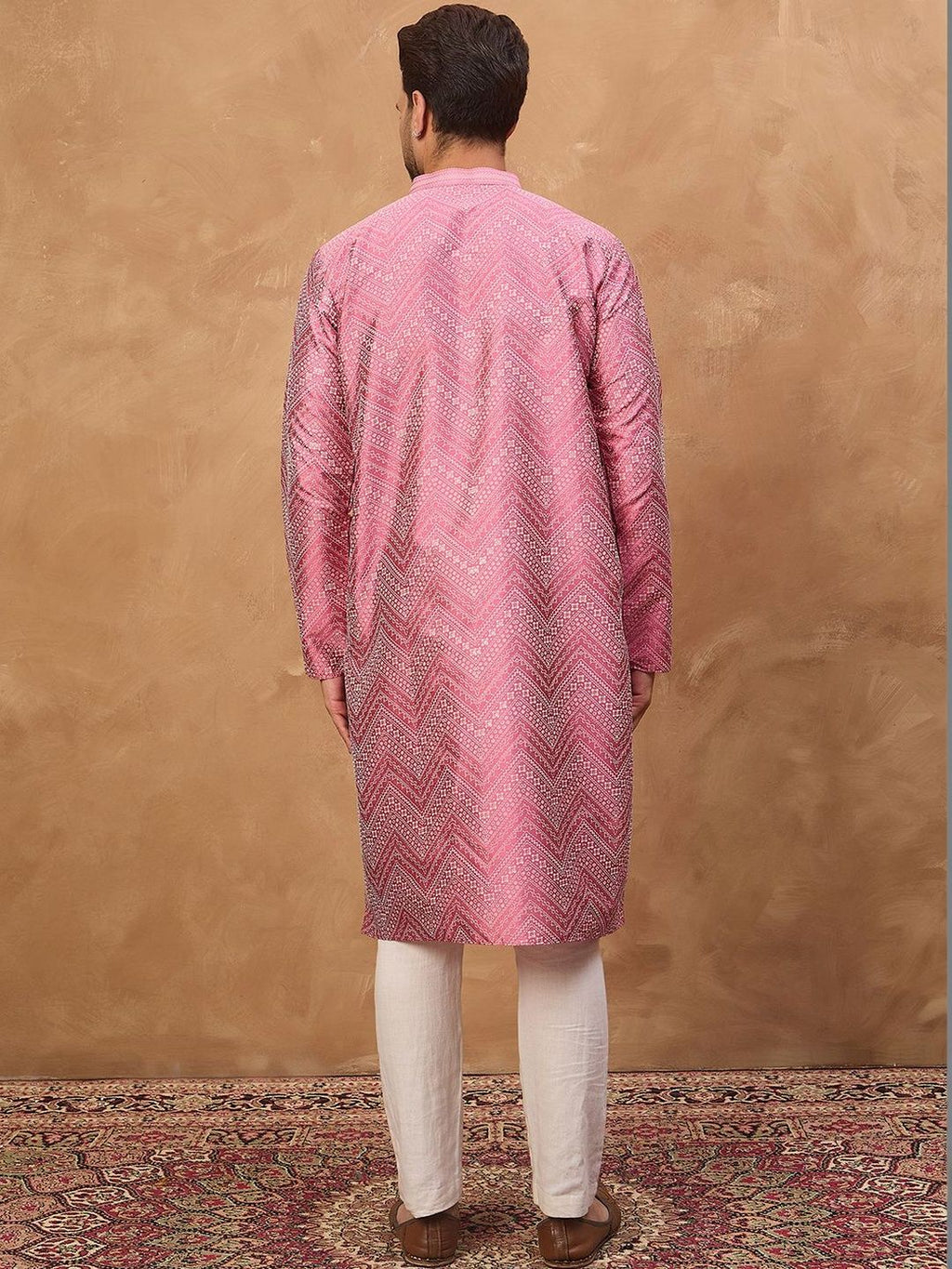 Men Pink Silk Blend Geometric Printed Straight Kurta With Pant Set-MKSET1532