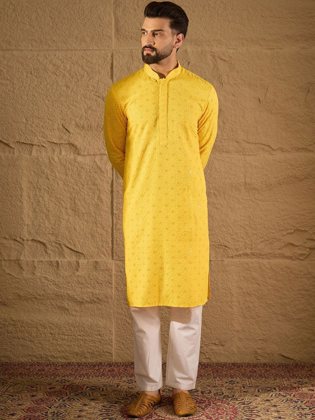 Men Yellow Viscose Rayon Solid Embroidered Straight Kurta With Pant Set-MKSET1212