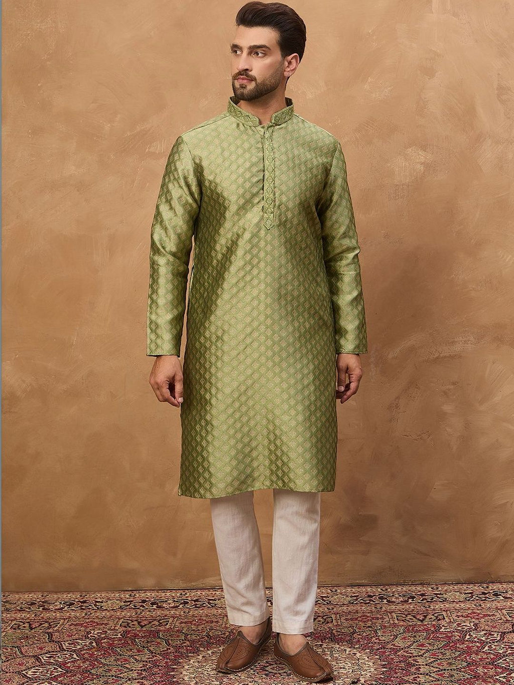 Men Green Silk Blend Solid Woven Design Straight Kurta With Pant Set-MKSET1456