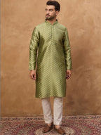 Men Green Silk Blend Solid Woven Design Straight Kurta With Pant Set-MKSET1456