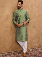Men Green Silk Blend Geometric Printed Straight Kurta With Pant Set-MKSET1522