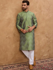 Men Green Silk Blend Geometric Printed Straight Kurta With Pant Set-MKSET1522